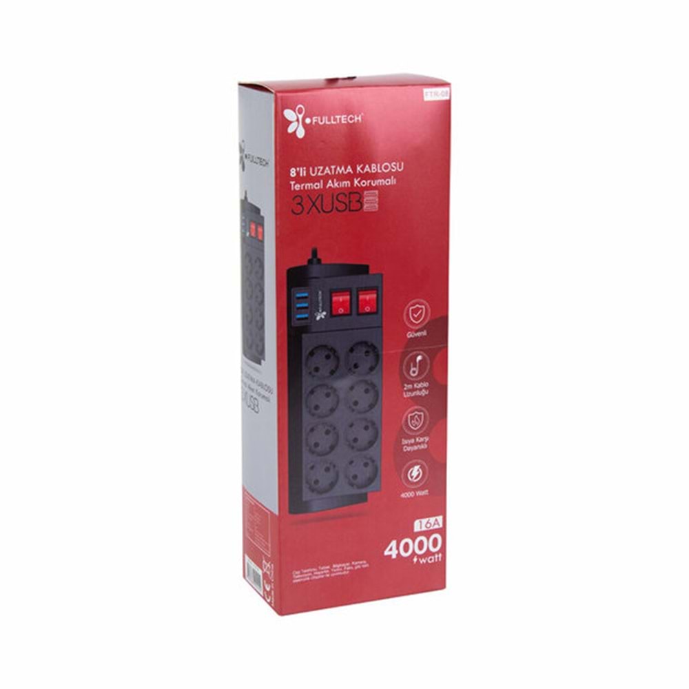 Fulltech Akım Korumalı Grup Priz Anahtarlı 2mt 16A 4000W (8 Priz 3XUSB ) FTR-08 2412