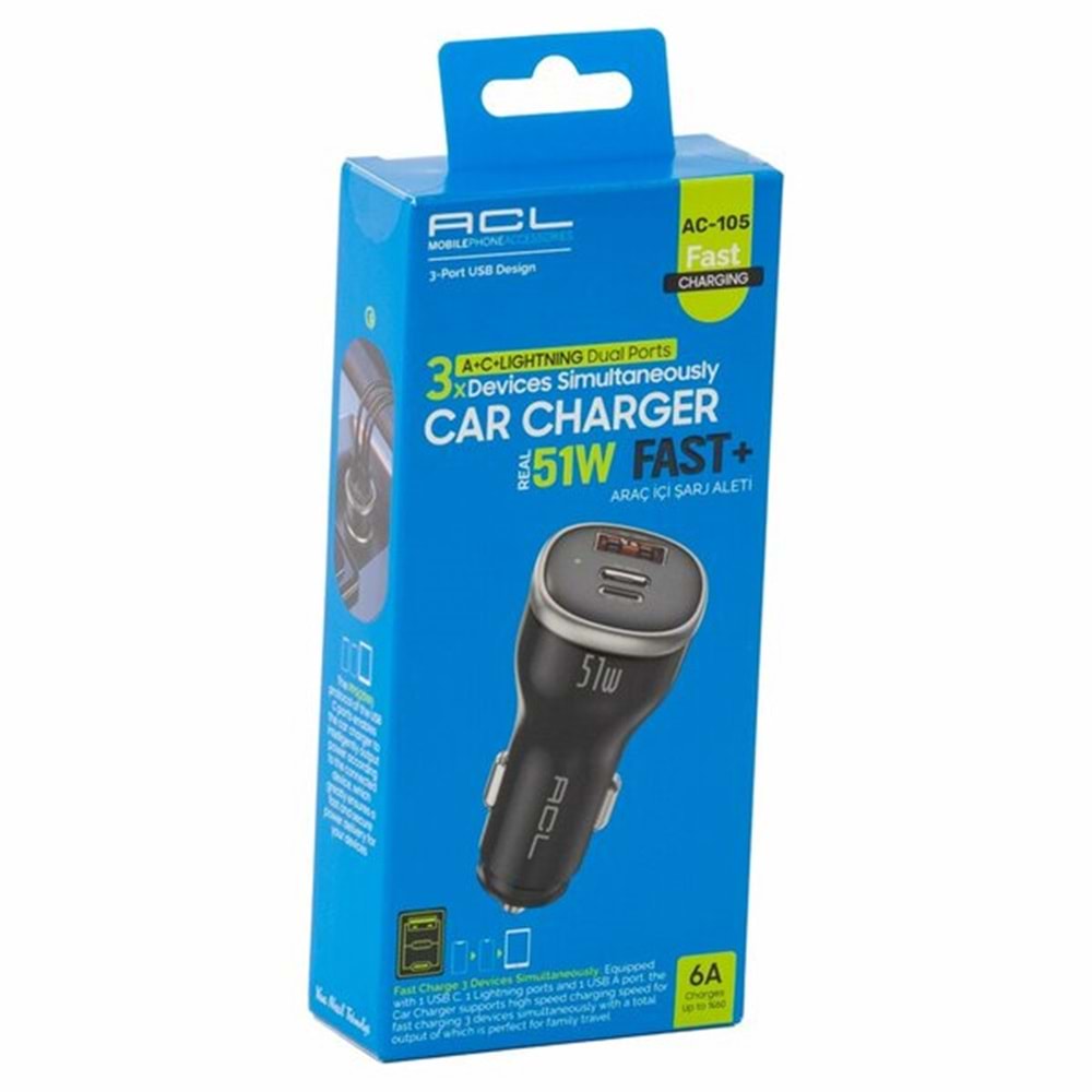 Acl Araç Şarj Aleti Başlığı Çakmaklık Uçlu 3 Port 51W AC-105 1185