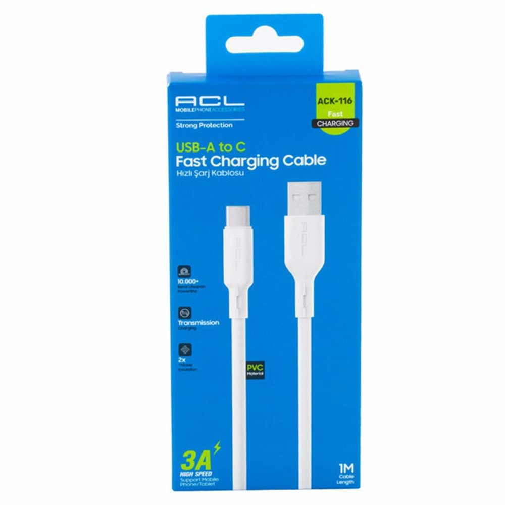 Acl Şarj Kablo USB Type-C 3A 1mt ACK-116 3455