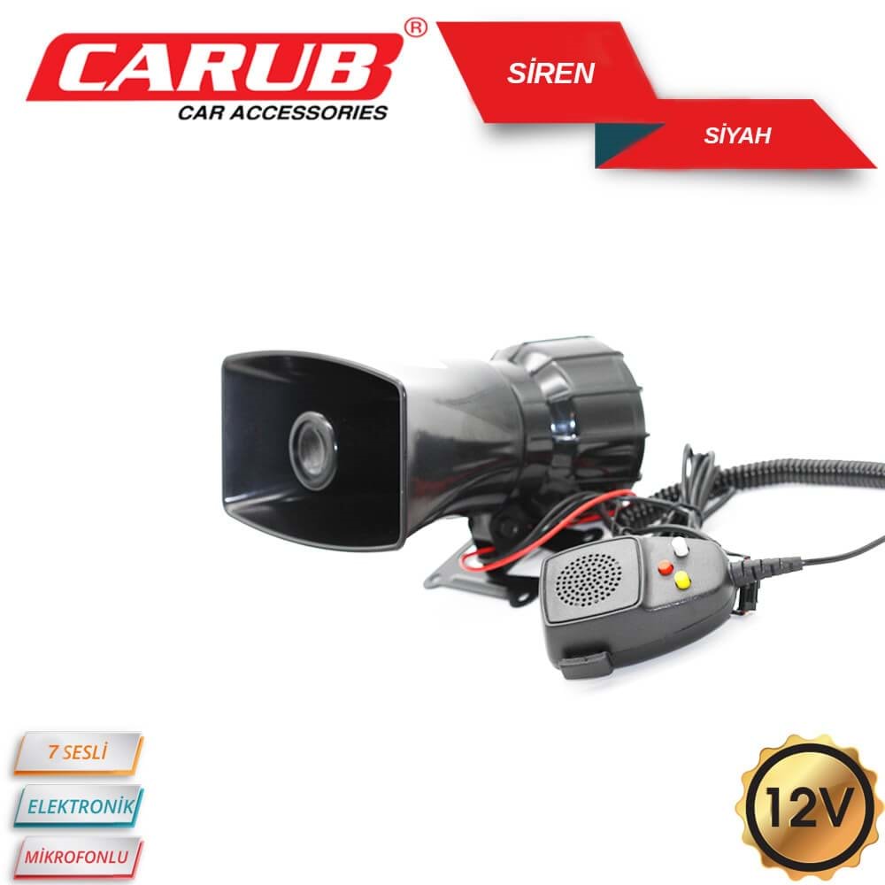 Carub Siren 12V 7 Sesli Elektronik Mikrofonlu Siyah megafon