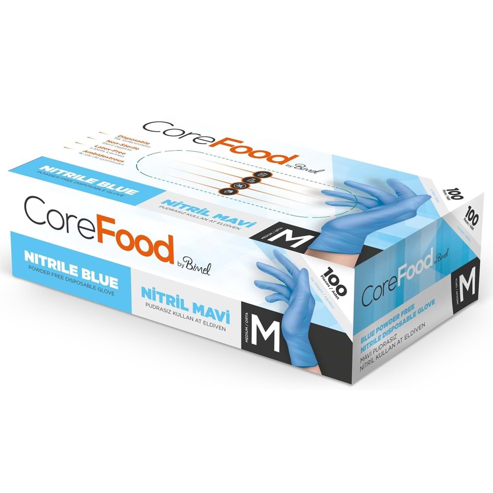 COREFOOD EKO PUDRASIZ NİTRİL ELDİVEN M BEDEN 100 LÜ MAVİ