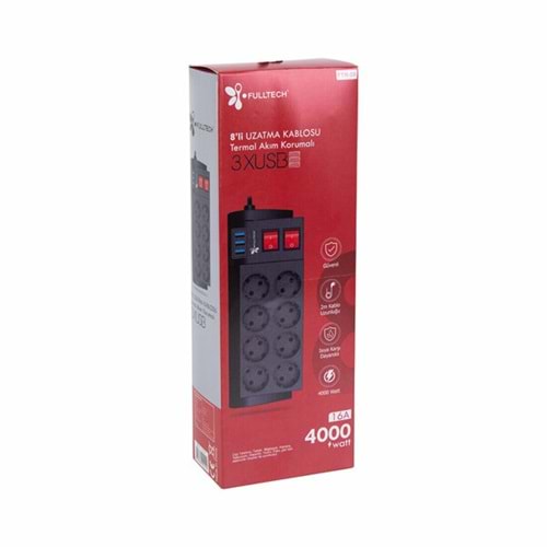 Fulltech Akım Korumalı Grup Priz Anahtarlı 2mt 16A 4000W (8 Priz 3XUSB ) FTR-08 2412