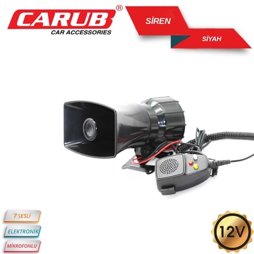 Carub Siren 12V 7 Sesli Elektronik Mikrofonlu Siyah megafon